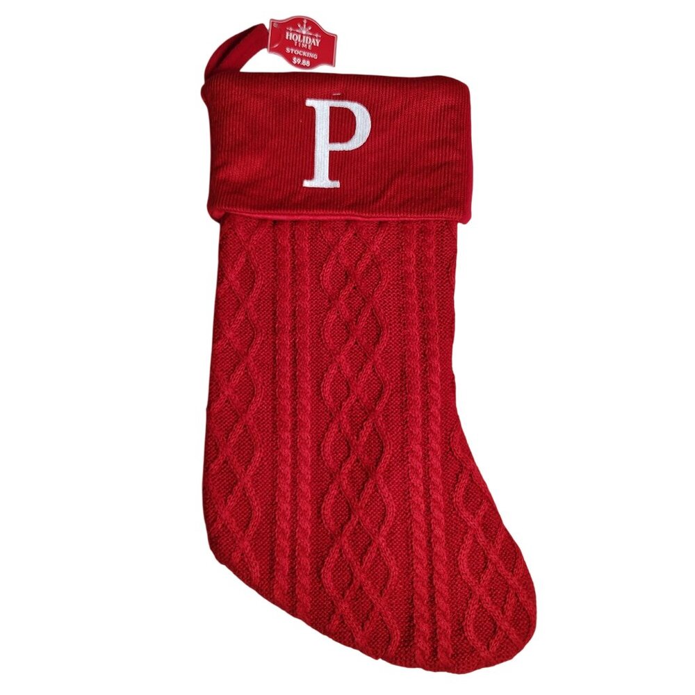Holiday Time 19 inch Red Knit Embroidered Monogram Initial P Christmas Stocking